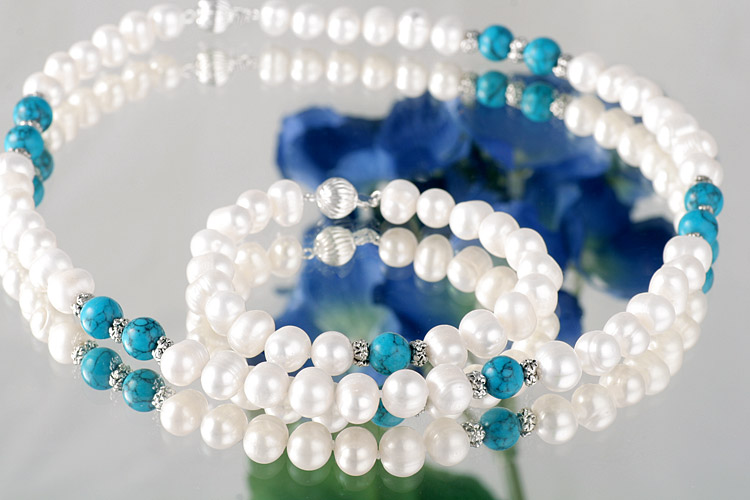 Perlenkette Perlenarmband Set mit Echten Türkisen 7-8mm Durchmesser