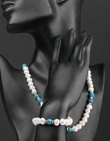 Perlenkete Perlenarmband Set 2-teilig mit Echten Türkisen Perlen-Set
