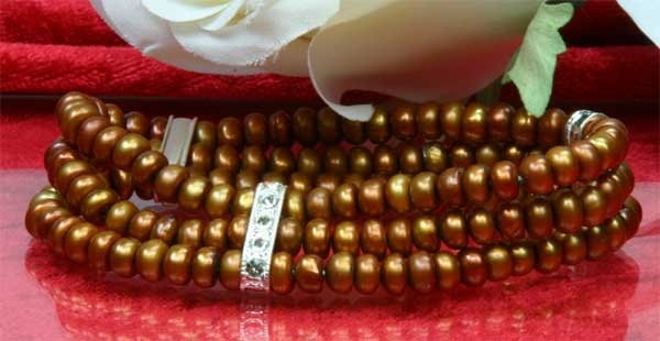 Perlenarmband 3-Reihig mit Strass-Steinen aus Süsswasser Zuchtperlen