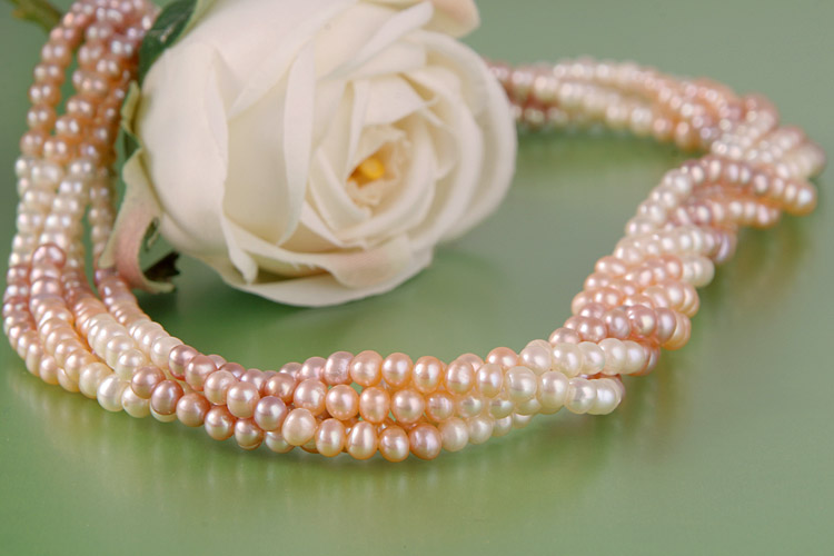 Süßwasser Zucht-Perlenkette fünfreihig gedreht Perlen rund -rose,lachs,weiss-
