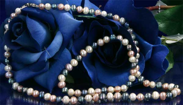 Echtes Zucht-Perlenset Bunt 6mm Armband + Kette NEU