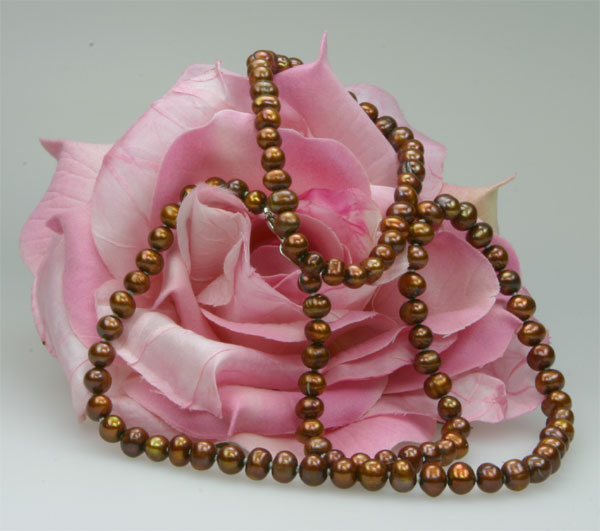 Echtes Zucht-Perlenset Kupfer/Braun 6mm Armband+Kette N