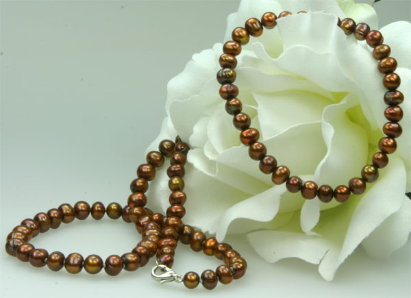 Echtes Zucht-Perlenset Kupfer/Braun 6mm Armband+Kette N